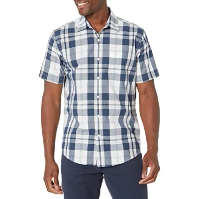 Image of Amazon Essentials Men&#039;s Regular Fit Short Sleeve Poplin Shirt, Navy White Large Plaid, S