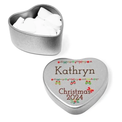 Image of Luxury Personalised Name Christmas 2024 Place Settings mini Heart Shaped Tin Xmas Dinner Table Winter Mittens filled with mints