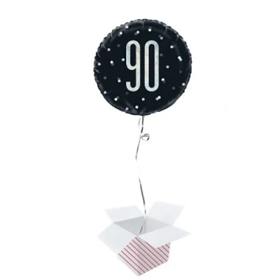 Image of Black Glitz Age Holographic Round Foil Helium Balloon Inflated in a Box (Age 90, Birthday)