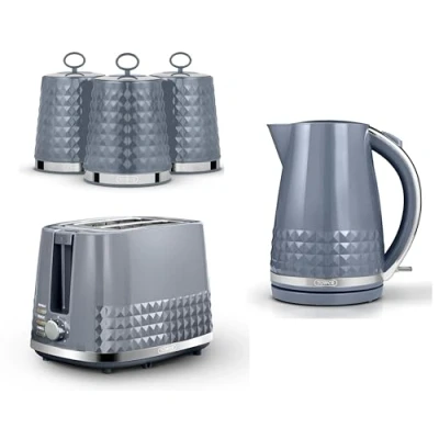 Image of Tower Solitaire Grey 1.5L 3KW Jug Kettle, 2 Slice Toaster &amp; Tea, Coffee, Sugar Canisters. Matching Contemporary Design Kitchen Set of 5 in