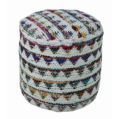 Image of HOMESCAPES White Multi Coloured Circular round Pouffe Beanbag Traditional Chindi Style with Polystyrene Ball Filling 45 cm x 40 tall