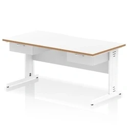 Image of Oslo 1600 x 800mm Edge Office Desk White Top Natural Wood Cable Managed Leg Workstation 2 1 Drawer Fixed Pedestal