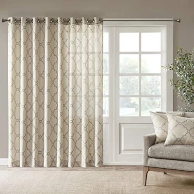 Image of Madison Park Single Window Curtain Light Filtering Fretwork Print 1 Panel Grommet Top Drape/Valance for Living Room Bedroom and Dorm, Polyester Blend, Beige, 100 x 84 in
