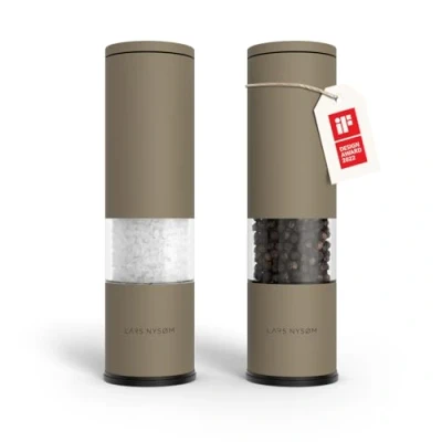 Image of LARS NYSØM Salt and Pepper Mills Set Stainless Steel with Adjustable Ceramic Grinder 2 Pieces I Design Spice Manual (Taupe Brown)