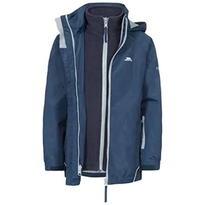 Image of Trespass Rockcliff, Navy, 7/8, Waterproof 3 in 1 Jacket with Hood, Removable Inner Fleece Kids Unisex, Age 7 8, Blue