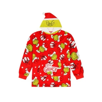 Image of The Grinch Family Christmas Fully Lined Luxury Fleece Hoodie Oversized Blanket Hoody (7 13 Years) Red