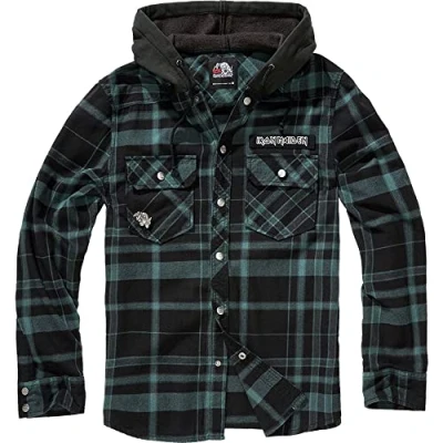 Image of Brandit Men&#039;s Iron Maiden Checkshirt Sweathood Eddy Transitional Jacket, Black Green, XXL