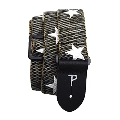 Image of Perri’s Leathers Ltd. Guitar Strap Cotton Deluxe Distressed White Stars Grey Adjustable For Acoustic/Bass/Electric Guitars Made in Canada (BCT 6528)