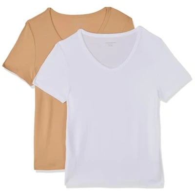 Image of Amazon Essentials Women&#039;s Slim Fit Short Sleeve V Neck T Shirt, Pack of 2, White/Light Camel, S
