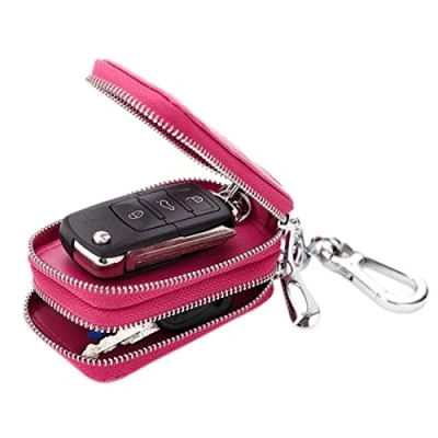Image of Esdrem Unisex Handmade Genuine Leather Zipper Key Chain Case Pouch Car Holder Bag (Hot Pink)