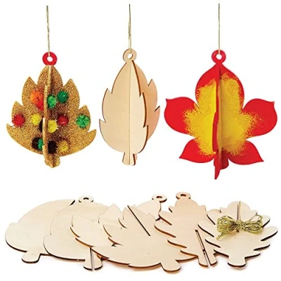 Image of Baker Ross FX256 Autumn Wooden 3D Decorations Pack of 6, Kids Craft Activities, Harvest Festival Decorations, Create Your Own Hanging Decoration, Gold
