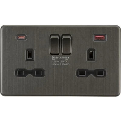 Image of KnightsBridge 13A 2G DP Screwless Switched Socket with Dual USB A+C Smoked Bronze, Black Insert