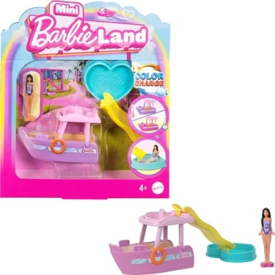 Image of Barbie Mini BarbieLand Doll &amp; Toy Vehicle Set, 1.5 inch Dream Boat with Color Change, Plus Detachable Slide Pool, HYF41