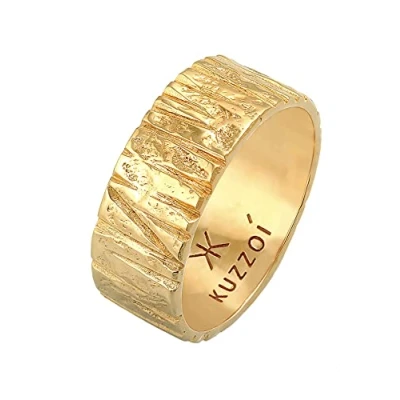 Image of Kuzzoi 0607613120 Men&#039;s Ring (12.5 mm) Solid Hand Forged, Band for Men Made of 925 Sterling Silver Gold Plated Golden Hammered in Rustic Look Size 60 66,