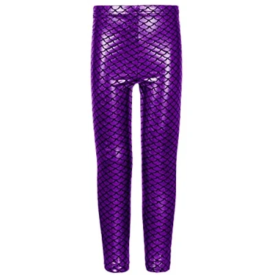 Image of Kids Full Length Elastic Waist Fish Scale Mermaid Disco Legging Girls Metallic Shiny Wet Look Comfortable Stretchy Tights Dance Party Children Pants (7 8 Years, Purple)