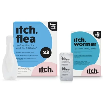 Image of Itch Large Dog Flea &amp; Tick Treatment and Wormer Bundle for Dogs 20kg+ 3 Pipettes 2 Tablets