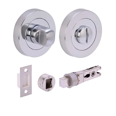 Image of HANDLEZONE® Bathroom Toilet Door Thumb Turn and Release Bullet Round Deadbolt Kit Dual Finish Polished/Satin Chrome 76mm Bolt with 57mm Backset