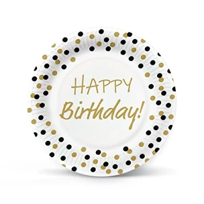 Image of PAW Paper Plates (23 cm) I 8 Pieces Colourful Disposable Ideal for Weddings, Communions, Parties, Birthdays Printed with Water Based Inks Colour: Birthday Confetti (Gold Black)