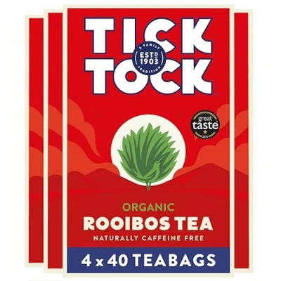 Image of Tick Tock Organic Rooibos Tea, Caffeine Free Pack of 4 x 40 Tea Bags (160 Teabags), Naturally Sweet Herbal Biodegradable, UK, Redbush for Wellbeing and Relaxation.