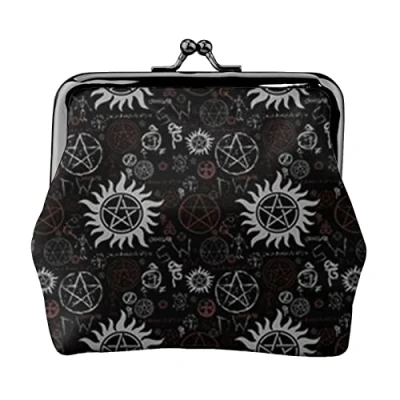 Image of Supernatural Symbols Black Coin Purse Kiss Lock Pu Leather Mini Pouch Wallet Change Bag for Women Girls Kids