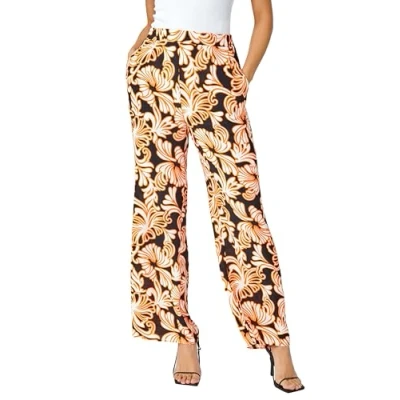 Image of Roman Originals Wide Leg Trousers for Women UK Ladies Palazzo Pants Floral Print Abstract Everyday Holiday Spring Summer Comfy Soft Evening Vacation Work Party Black Orange Size 10