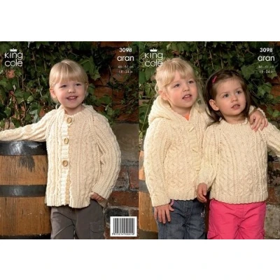 Image of King Cole Childrens Sweater, Coat &amp; Hooded Jacket Fashion Knitting Pattern 3098 Aran