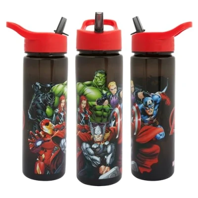 Image of Marvel Avengers Water Bottle Flip Up Straw 600ml Official Disney Merchandise by Polar Gear Reusable Non Spill BPA Free Recyclable Plastic Ideal For School Nursery Sports Picnic,Black/Red