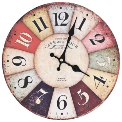 Image of vidaXL Vintage Wall Clock, 30 cm Diameter, Multicolour Retro Design, Large Dial for Easy Visibility, MDF Material, Lightweight, Battery Operated