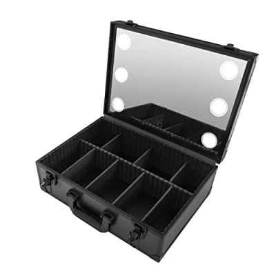 Image of Makeup Organiser Bag Train Case Storage Box with Light and Handle, Mirror Set Make up Cosmetic Travel for Womens, Black (16.5x11.8x5.9inch)