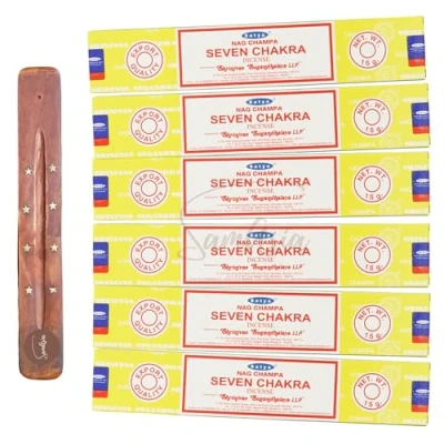 Image of Satya Nag Champa Seven Chakra incense sticks x6 pack with SAMASIA holder Used for Aromatherapy, Spa, Yoga, Weddings, Meditation, Healing, Positivity and Relaxation