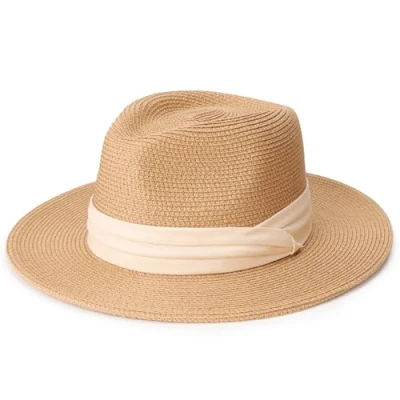 Image of DRESHOW Women Straw Panama Hat Fedora Beach Sun Wide Brim Roll up UPF 50+