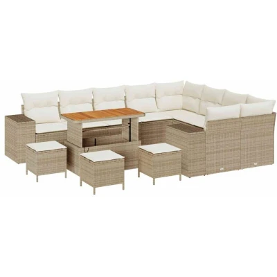 Image of vidaXL 13 Piece Garden Sofa Set with Cushions Beige Poly Rattan Acacia