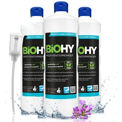 Image of BiOHY Professional window cleaner (3 x 1l Bottle) + Dispenser glass concentrate, ideal for all VACUUM CLEANERS streak free cleaning of &amp; (Profi Fensterreiniger)