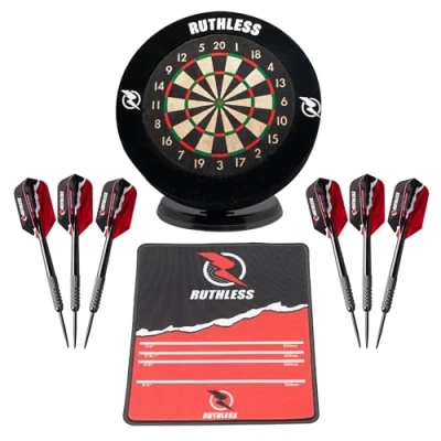 Image of Ruthless Mini Dart Board Set with Surround, Mouse Mat and Extra Darts Miniature Desk Top Home Centre for Office Includes 2 Sets of Steel Tip (BX252)