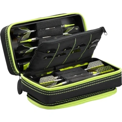 Image of Casemaster Plazma Pro Yellow Trim, 6 Dart Case for Soft and Steel Tip Darts, Features Large Front Mobile Device Pocket, Built In Storage Tubes Pockets Flights, Tips, Shafts, Personal Items