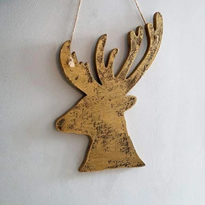Image of SHATCHI, 17 x 26H CM, SHATCHI 26cm Christmas Wooden Hanging Golden Side Face Deer Wall Decoration Xmas Home Office Holiday Decorative Centrepiece