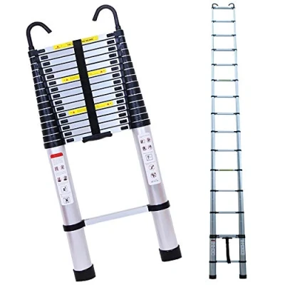 Image of 6.2m/20.34 ft Silver Aluminum Extension Telescopic Ladder wiht Roof Hook Multi Purpose Straight Telescoping Ladders Capacity 150kg/330lb with Certificate EN 131
