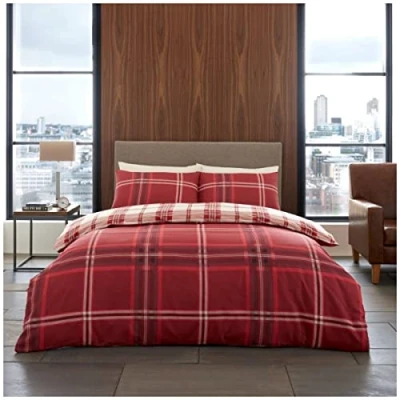Image of GC GAVENO CAVAILIA Tartan Duvet Cover, Checkered Bedding Double Bed Set, Luxury Reversible Polycotton Quilt Red