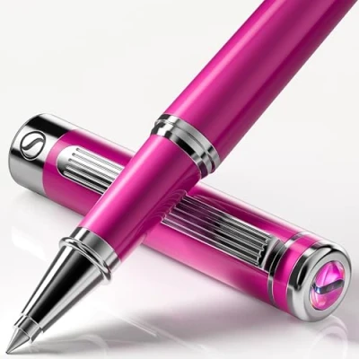 Image of Scriveiner Rubystar Rollerball Pen Stunning Luxury With Chrome Finish, Schmidt Ink Refill, Best Roller Ball Gift Set for Men &amp; Women, Professional, Executive Office, Nice Pens