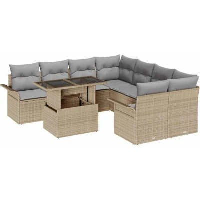 Image of vidaXL 9 Piece Garden Sofa Set with Cushions Beige Poly Rattan