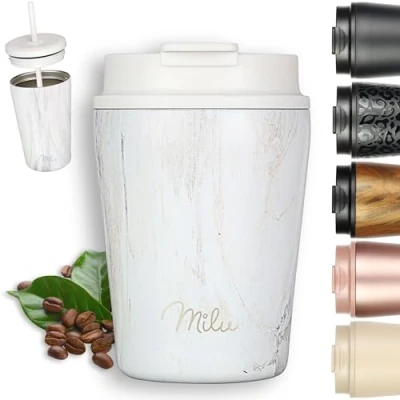 Image of Milu Thermo Mug 300ml 100% Leak Proof Stainless Steel Coffee to go Insulated with Straw Keeps hot for 10h / Cold 20h, BPA Free (Pink Marble, 300ml)