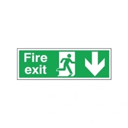 Image of SIGNSLAB E100A/S Safety Sign &quot;Fire Exit Running Man Arrow Down&quot;, Self Adhesive, 150 mm x 450