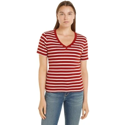 Image of Tommy Hilfiger Women&#039;s New Slim Cody V Neck Short Sleeve T Shirt, Multicolor (Breton STP/Dark Magma/Ecru), 3XL