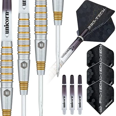 Image of Unicorn Steel Tip Darts Set Pro Tech Style 2 90% Natural Tungsten Barrels with Golden Accents &amp; Volute Points 25 g