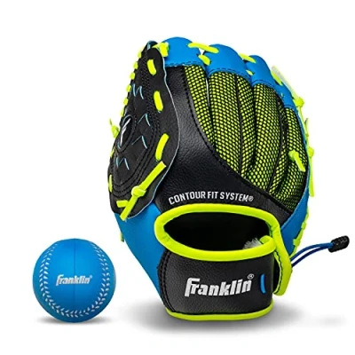Image of Franklin Sports Teeball/Baseball Glove Left and Right Handed Youth Fielding Neo Grip Synthetic Leather 9.0 Inch Hand Throw Ready To Play Blue