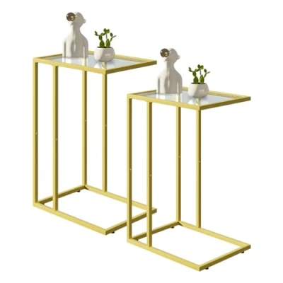 Image of Huhote C Shaped End Table Set of 2, Glass Side for Couch, Sofa with Metal Frame, Couch Living Room, Bedroom, Bedside, Gold