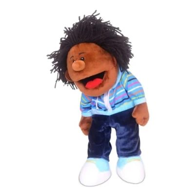 Image of Fiesta Crafts Boy (dark skin) hand puppet for Kids Soft &amp; Interactive Toy with Moving Mouth Arms Role Play, Creativity Sensory Skills