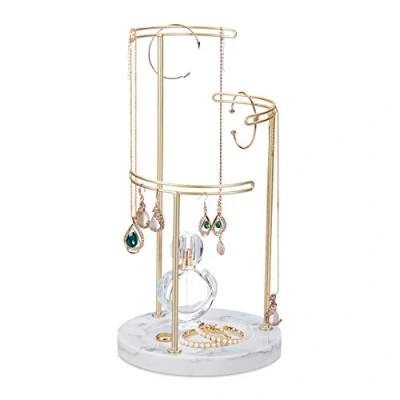 Image of Relaxdays Jewellery Stand, Shelf, Chains, Earrings, Bracelets, 3 Metal Bars, H x D 35 18 cm, Iron, Marble, Gold
