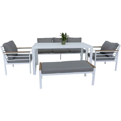 Image of SHATCHI 6 Seater Aluminium Garden Furniture Set White Frame Outdoor Sofa with Bench, Armchairs and Dining Table Grey Cushions, Modern Patio Lounge