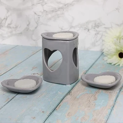 Image of Ceramic Oil Burner Wax melt Warmer Grey Hearts Design Scented tealight Holder Aromatherapy Accessory Home Fragrance Decor Essential Diffuser Candle Melter Three Dish spa Heart Shaped Aroma Diffusion